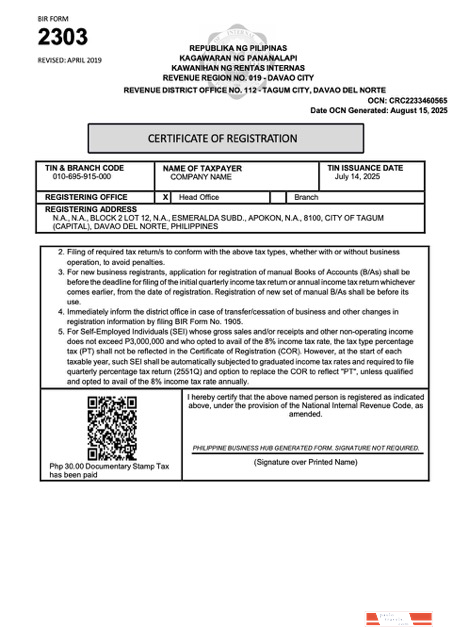 Philippines certificate of registration Word and PDF template, version 2